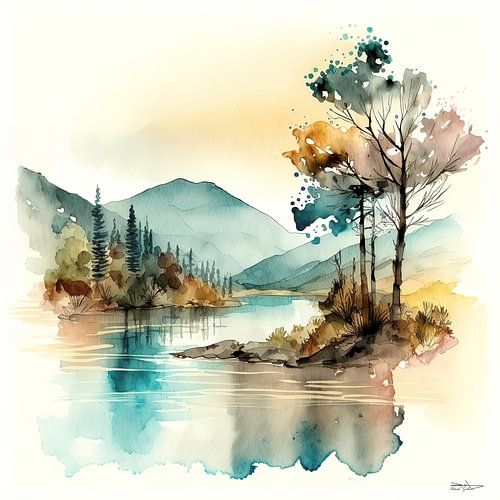 aquarel van een landschap.