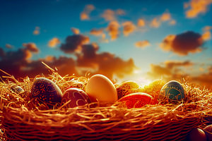 Nest mit Ostereiern im Sonnenuntergang Illustration