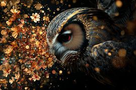 Golden Glow of the Night - Owl surrounded by Blossoms and Lights by Eva Lee