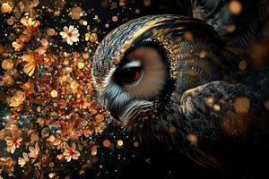 Goldenes Glühen der Nacht - Eule umgeben von Blüten und Lichtern