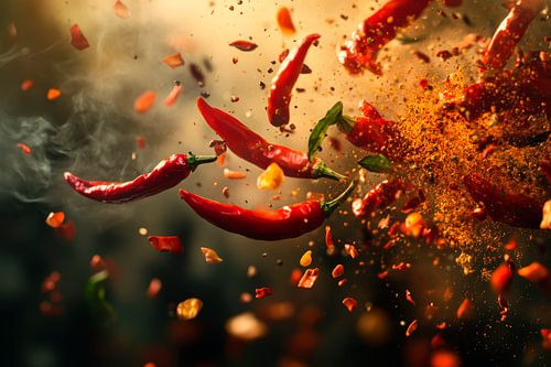 Vliegende pepers met een explosie van specerijen