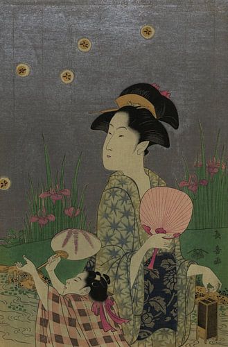 Japanse kunst ukiyo-e. Jonge vrouw in kimono met waaier.