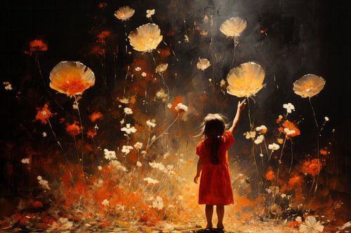 Mädchen in einem roten Kleid in einer Traumlandschaft