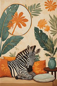 Ein Zebra, das auf der Couch liegt und tropische Stimmung verbreitet.