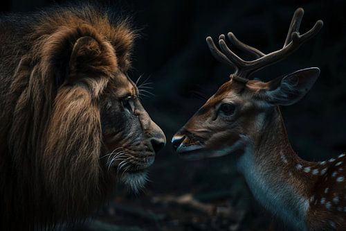 Lion et cerf dans une forêt sombre