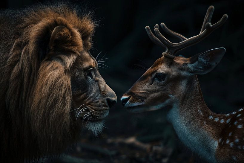Lion and deer in a dark forest by Art & Soul Creations