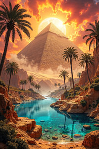 Fantasy Pharao Art Wandbild: PYRAMETHRA - Eine monumentale Pyramide über einer Oase in der Wüste