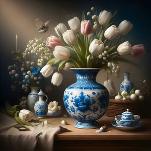 Nature morte ; vase bleu de Delft avec tulipes