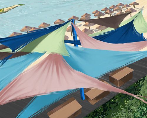 Schattentücher Strandfarben pastellbraun und blau