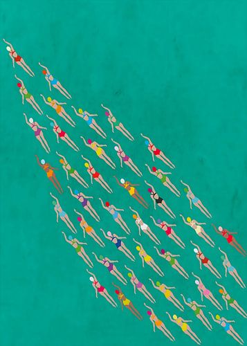 Minimalist Illustration of Women Swimming in Teal Water