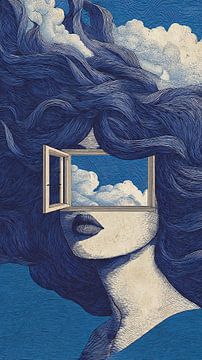 Surreal Window Face Woman – Moderne vintage wanddecoratie voor in de woonkamer van Aden Pink Galerry