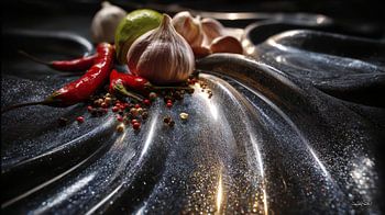 rote Paprika - Knoblauch - Limette - Zitrone auf schwarzem Hintergrund mit dramatischem Licht