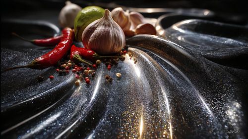 rote Paprika - Knoblauch - Limette - Zitrone auf schwarzem Hintergrund mit dramatischem Licht