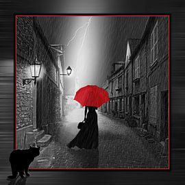 The woman with the red umbrella, variant 2 in square format by Monika Jüngling