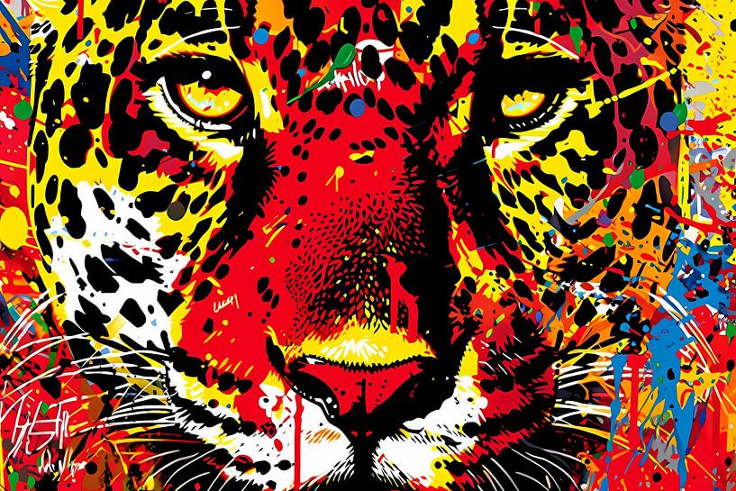 Dynamisches und farbenfrohes Porträt eines Jaguars von Art & Soul Creations