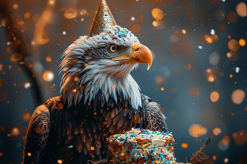 Grappige adelaar met feesthoed viert verjaardag in een regen van confetti