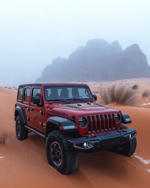 Roter Jeep Wrangler bei Sonnenuntergang in den Dünen von Lufy