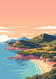 Illustration vectorielle minimaliste représentant une baie pittoresque avec des falaises verdoyantes et une plage de sable. sur Adam Khabibi