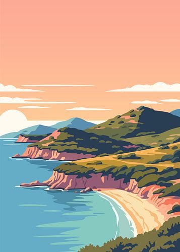 Minimalistische, platte vectorillustratie van een schilderachtige baai met groene kliffen en een zandstrand.