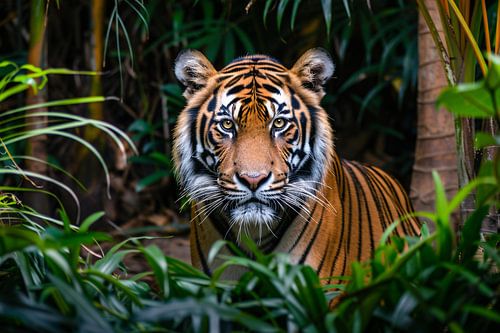 Tigre dans la jungle dense, regard intense