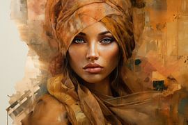 Modern portrait of a young woman in shades of orange and brown by Carla Van Iersel