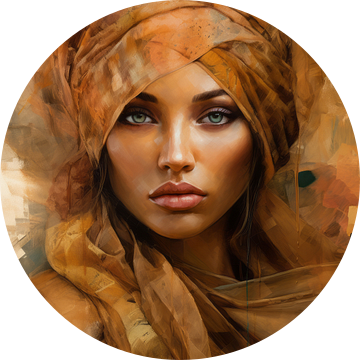 Modern portret van een jonge vrouw in oranje en bruin tinten van Carla Van Iersel