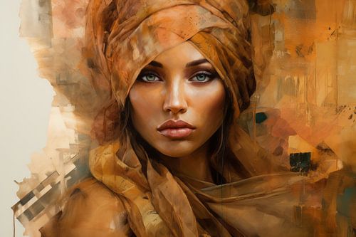 Modern portret van een jonge vrouw in oranje en bruin tinten