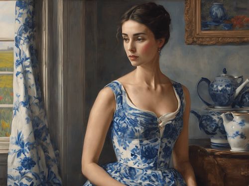 Een portret van een dame in een delfts blauw jurk