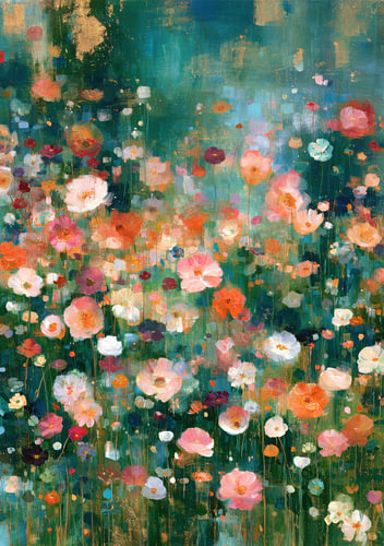 Ethereal Bloom – Abstrakte Blumenwiese in Türkis und Gold