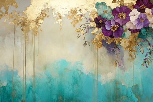 Fleurs en or et turquoise