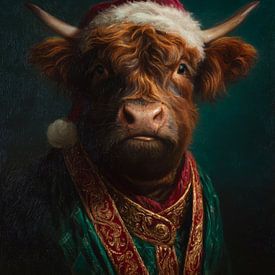 Stattliches Weihnachtsporträt eines schottischen Highlanders in grünem Mantel mit goldenen Details von But First Framing