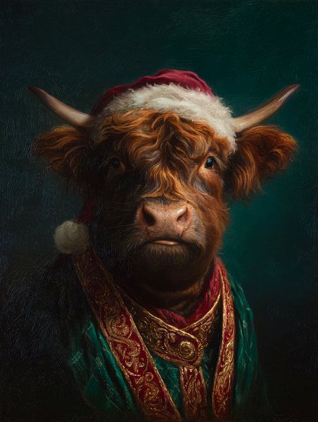 Stately Christmas portrait of a Scottish highlander in green cloak with gold details by But First Framing