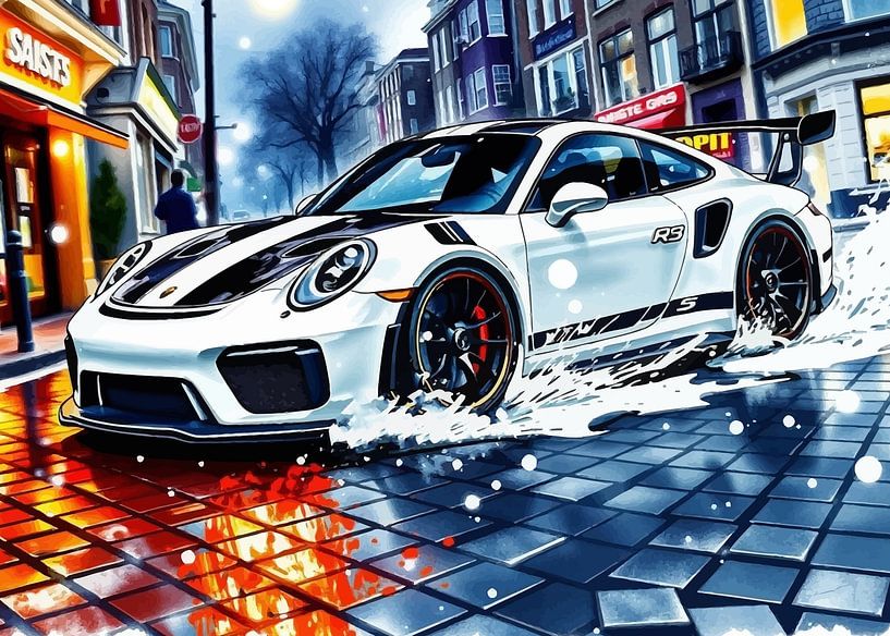 Der Porsche 911 GT3 RS mit weißen und schwarzen Streifen beim Driften von MIROKKU