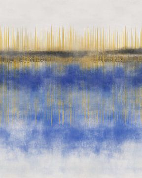 Abstract minimalistisch landschap in kobaltblauw, geel en bruin. van Dina Dankers