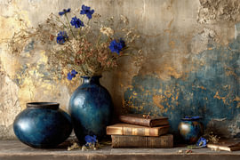 Vases bleus - Nature morte élégante avec des touches dorées sur Jorali Beaux-Arts