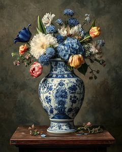 Delfts Blauwe Vaas met Vergaand Boeket