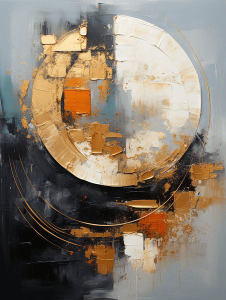 Moderne abstrakte Malerei in Blau, Orange und Gold von Studio Allee