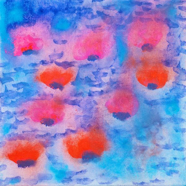 Gouache schilderij waterlelies op blauw water van Beate Gube