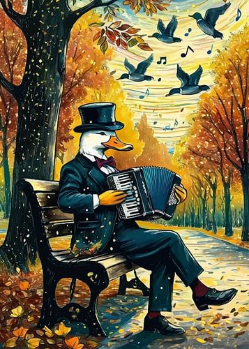 Eend speelt accordeon in herfstpark