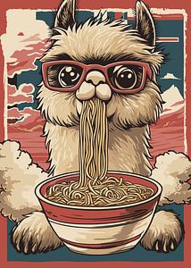 Lustiges Alpaka mit Brille und Ramen Schüssel