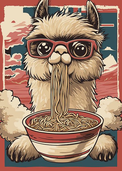 Drôle d'alpaga avec des lunettes et un bol Ramen par Pixelbull Design