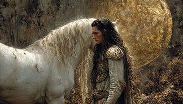 Un noble cavalier en harmonie avec son cheval blanc sur artefacti
