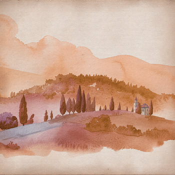Diptych (2) Tuscan hillside landscape with cypress trees in muted colours