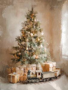 Vintage-Weihnachtsbaum mit Spielzeugeisenbahn und Geschenken
