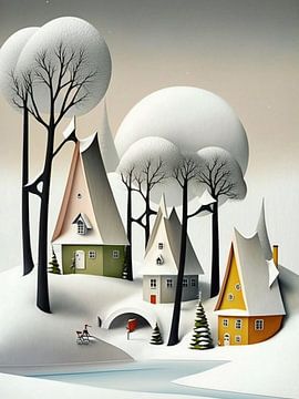 Stadsgezicht winter huizen bomen papier surrealistisch van gm_designs