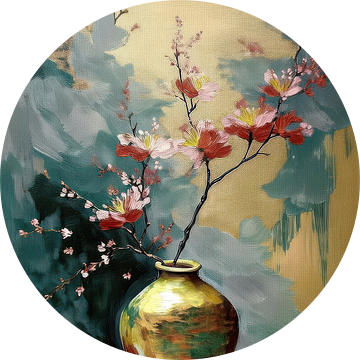 Japandi Stilleven schilderij. Roze bloesem op gouden vaas van Studio Pieternel