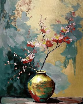 Japandi Stilleven schilderij. Roze bloesem op gouden vaas van Studio Pieternel
