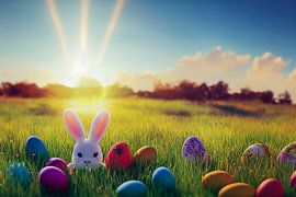 Oeufs de Pâques dans l'herbe avec soleil et lapin de Pâques, illustration