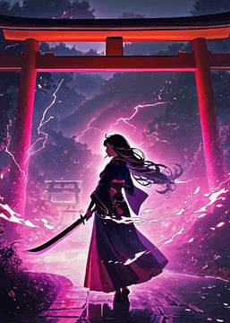 Vrouwelijke samoerai met neonverlichting en Torii poort van MIROKKU