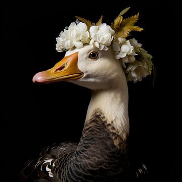 Trotse gans in een bloemenkrans van Klaus Tesching - Art-AI